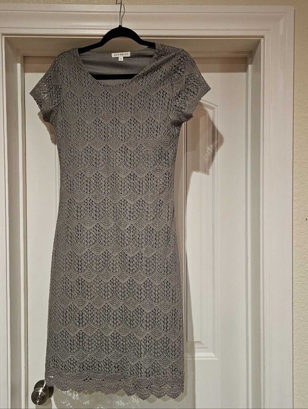 DownEast Gray Crochet Knit Short Sleeve Midi Dress